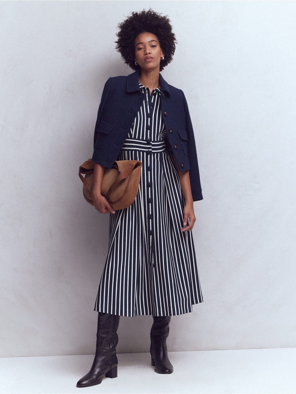 Boden Navy and White Striped Bridget Ponte Shirt Dress 14 Long